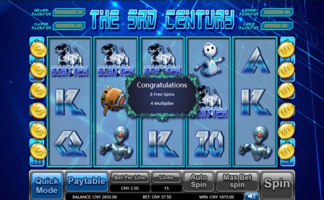 Scatter symbols triggers the free spins feature by Free Slots 247